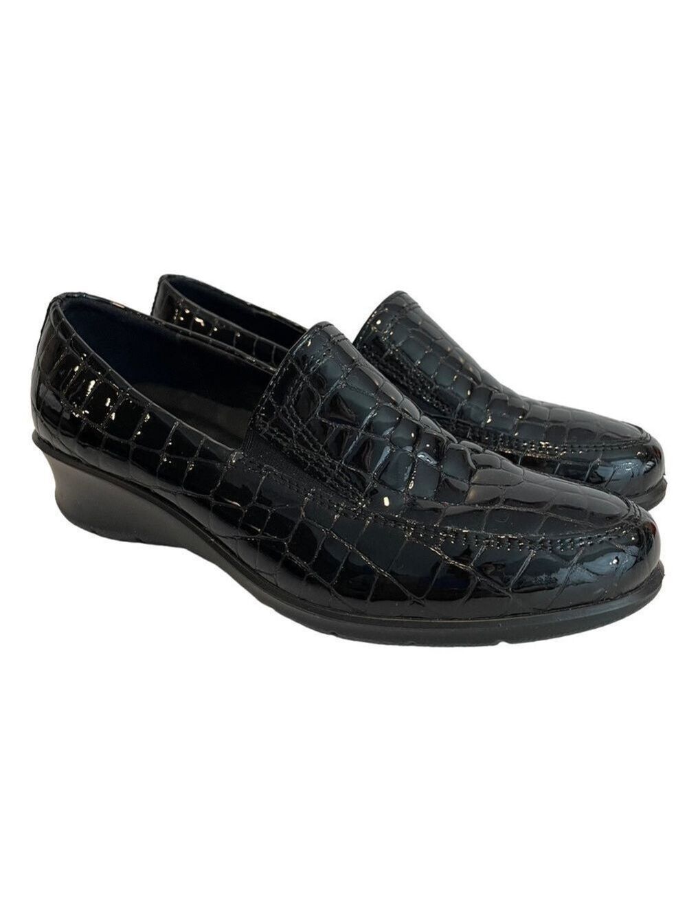 Ecco Felicia Leather Court Shoe Womens 5.5 Black Patent Croc Print Wedge EUC